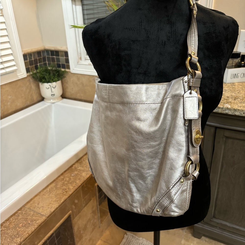 Coach Metallic Silver Leather Hobo Bag